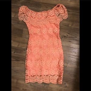 Lulus Pink Bodycon lace off shoulder dress
